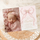 Invitation Blush Pink Bow Pearls Gold Cross photo Baptism