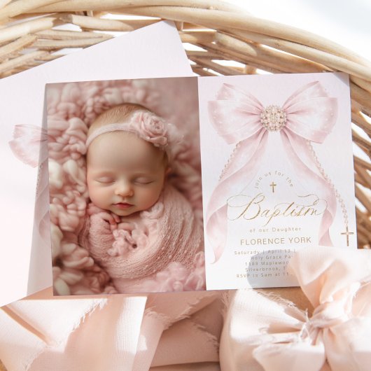 Invitation Blush Pink Bow Pearls Gold Cross photo Baptism