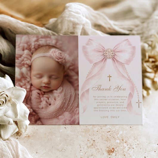 Invitation Blush Pink Bow Photo Baptism Thank you Card