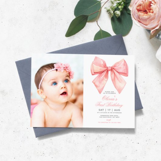 Invitation Blush Pink Bow Photo Premier anniversaire Invitati