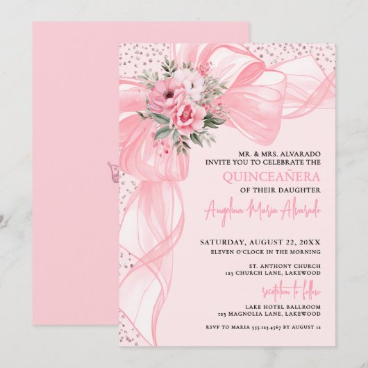 Invitation Blush Pink Bow Quinceanera (Devant / Derrière)