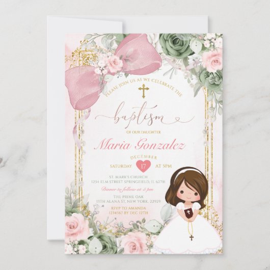 Invitation Blush Pink Bow & Sage Green Floral Girl Baptism (Devant)