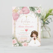 Invitation Blush Pink Bow & Sage Green Floral Girl Baptism (Debout devant)