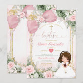 Invitation Blush Pink Bow & Sage Green Floral Girl Baptism (Devant / Derrière)