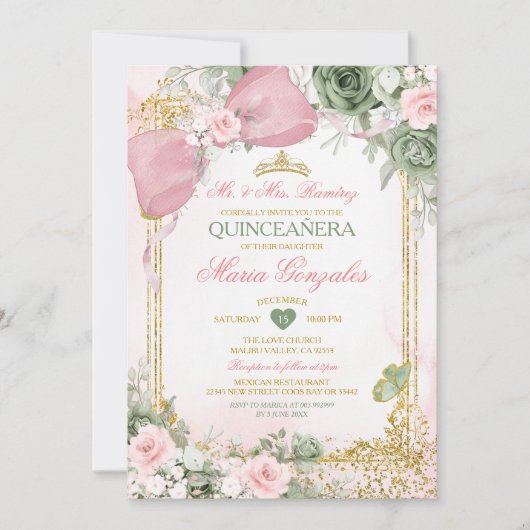 Invitation Blush Pink Bow & Sage Green Floral Quinceañera (Devant)