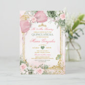 Invitation Blush Pink Bow & Sage Green Floral Quinceañera (Debout devant)