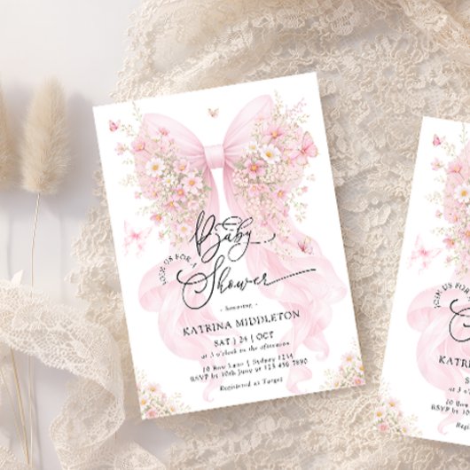 Invitation Blush Pink Bow Wildflower Butterfly Baby Shower