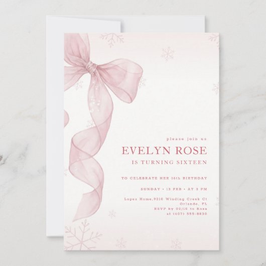 Invitation Blush Pink Bow Winter Snowflake 16th Birthday (Devant)