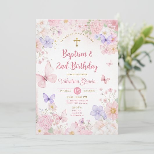 Invitation Blush Pink Butterfly Girl 2nd Birthday Baptism (Debout devant)