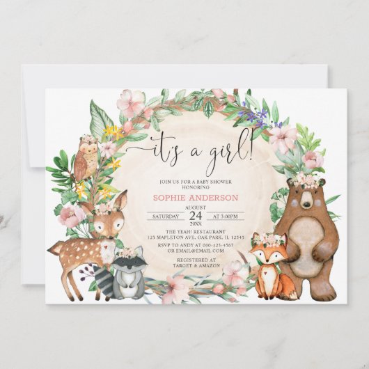 Invitation Blush Pink C'Est Une Fille Baby shower Animaux Boi (Devant)