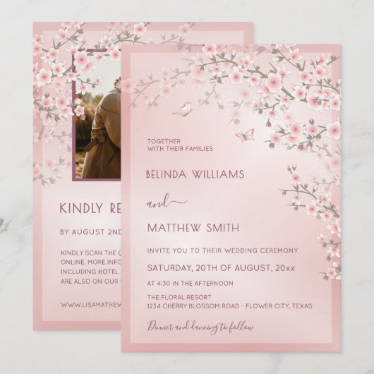 Invitation Blush Pink Cherry Blossom Photo Wedding (Devant / Derrière)