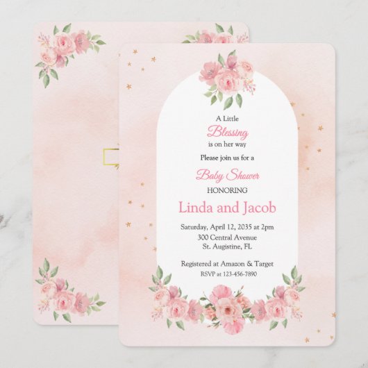Invitation Blush Pink Christian Baby Shower with Gold Cross (Devant / Derrière)