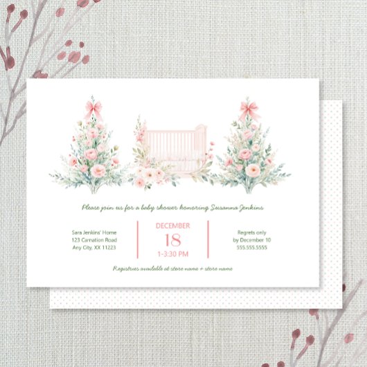Invitation Blush Pink Christmas Trees with crib Baby Shower