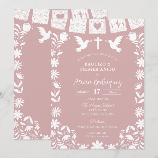 Invitation Blush Pink Cielito Lindo Bautizo y Primer Anito (Devant / Derrière)