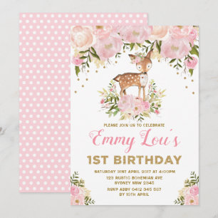 Invitation Blush Pink Deer 1er Anniversaire Aquarelle Florale