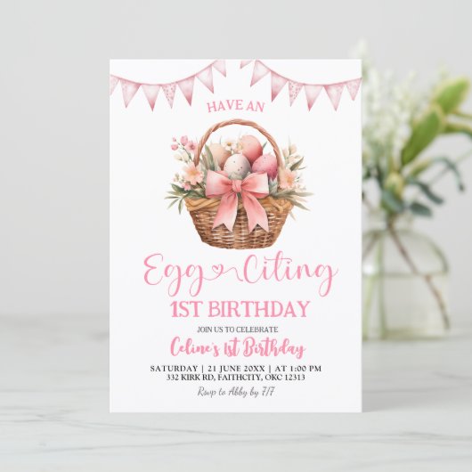 Invitation Blush Pink Eggciting Birthday (Debout devant)