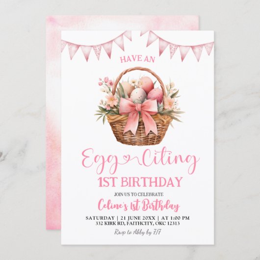 Invitation Blush Pink Eggciting Birthday (Devant / Derrière)
