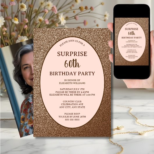 Invitation Blush Pink Elegant Surprise 60e Anniversaire numér