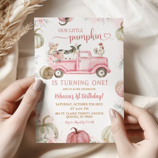 Invitation Blush Pink Farm Camion Citrouille 1er anniversaire