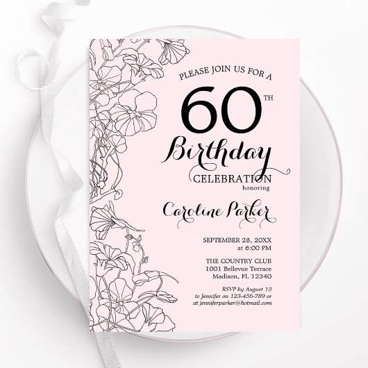 Invitation Blush Pink Floral 60e fête anniversaire