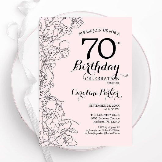 Invitation Blush Pink Floral 70e fête d'anniversaire