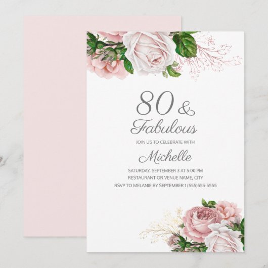 Invitation Blush Pink Floral 80 et Fabulous Birthday (Devant / Derrière)