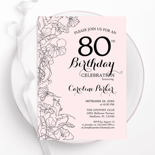 Invitation Blush Pink Floral 80e fête d'anniversaire