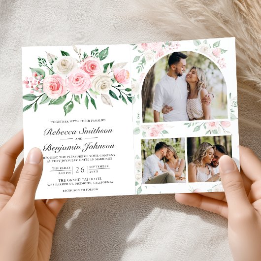 Invitation Blush Pink Floral All in One QR Code Wedding