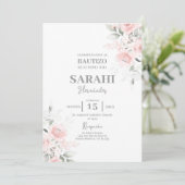 Invitation Blush Pink Floral Baptême fille Espagnol invitatio (Debout devant)