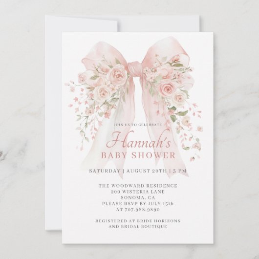 Invitation Blush Pink Floral Bow Girl Baby Shower (Devant)