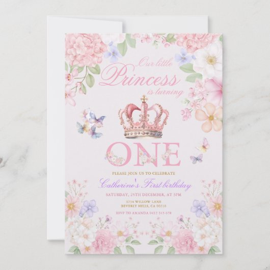 Invitation  Blush Pink Floral Butterfly Princess 1st Birthday (Devant)