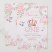 Invitation  Blush Pink Floral Butterfly Princess 1st Birthday (Devant / Derrière)