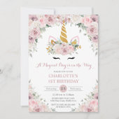 Invitation Blush Pink Floral Cute Unicorn 1er Anniversaire (Devant)