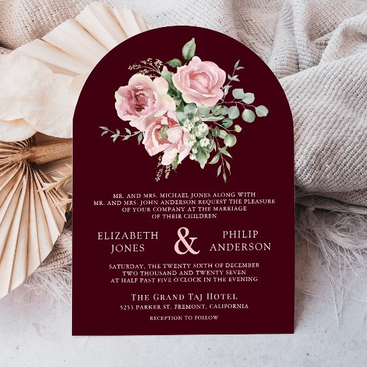 Invitation Blush Pink Floral Eucalyptus Burgundy Wedding