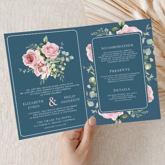 Invitation Blush Pink Floral Eucalyptus Dusty Blue Wedding
