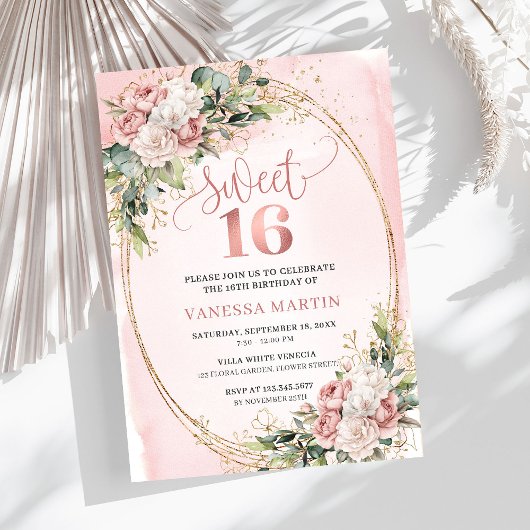 Invitation Blush Pink Floral Eucalyptus Sweet 16 Birthday