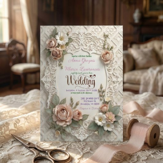 Invitation Blush Pink Floral Faux Laser Cut Lace Wedding