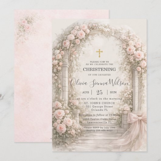 Invitation Blush Pink Floral Garden Bow Baptism Christening (Devant / Derrière)