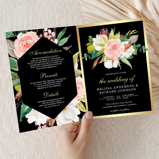 Invitation Blush Pink Floral Gold Black QR Code Wedding