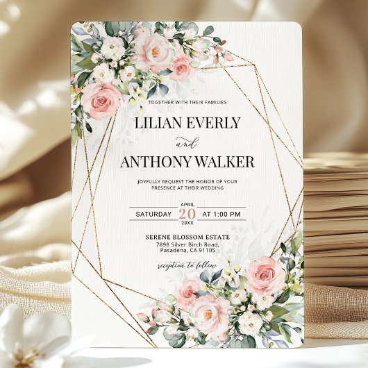 Invitation Blush Pink Floral Gold Geometric Estate Wedding 