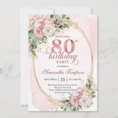 Invitation Blush Pink Floral Greenery Gold Glitter 80th Bday (Devant)