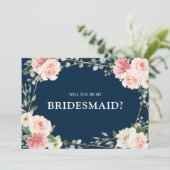 Invitation Blush Pink Floral Navy Seras-tu ma servante d'honn (Debout devant)