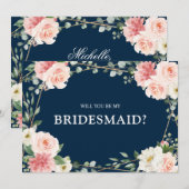 Invitation Blush Pink Floral Navy Seras-tu ma servante d'honn (Devant / Derrière)