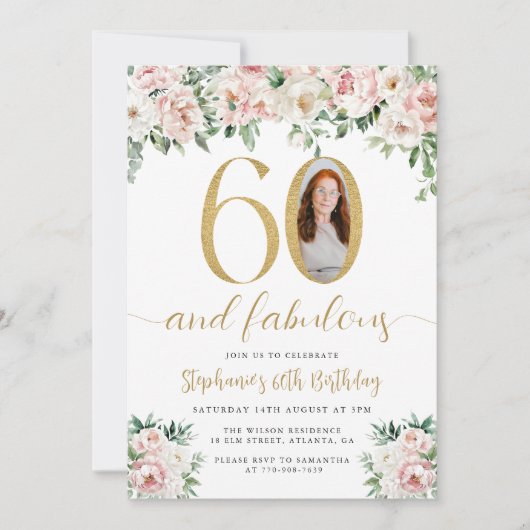 Invitation Blush Pink Floral Photo 60e Anniversaire Invitatio (Devant)