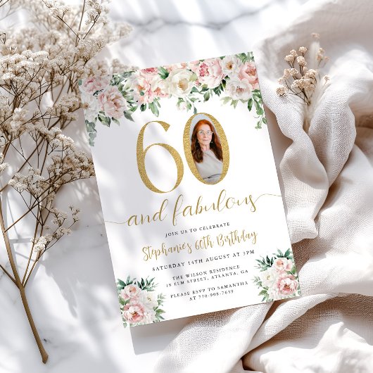 Invitation Blush Pink Floral Photo 60e Anniversaire Invitatio