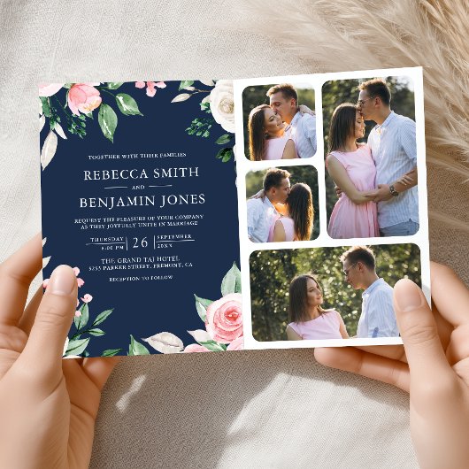Invitation Blush Pink Floral QR Code Navy Blue Wedding