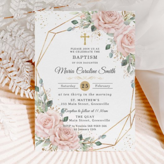Invitation Blush Pink Floral Roses Gold Cross Baptism 