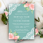 Invitation Blush pink Floral Soft Pastel Teal Muslim Wedding<br><div class="desc">Éblouissez vos invités avec cet invitation de mariage élégant avec de belles fleurs et dentelle avec "Bismillah" en calligraphie arabe et typographie moderne. Ajoutez simplement les détails de votre événement sur ce modèle facile à utiliser pour en faire une invitation unique. Retournez la carte pour révéler un beau motif floral...</div>