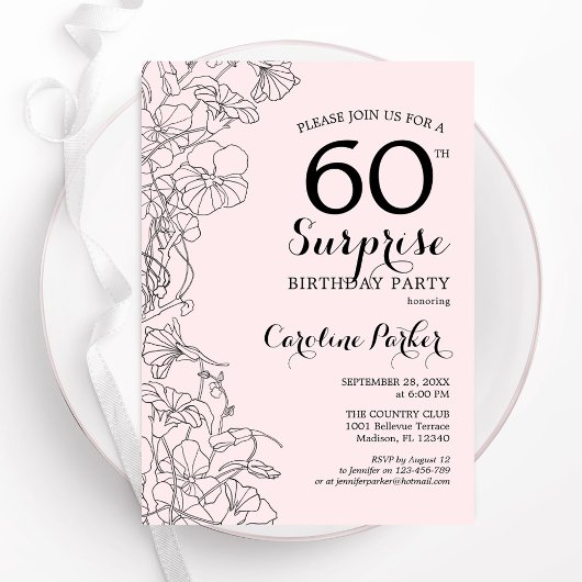 Invitation Blush Pink Floral Surprise 60e fête d'anniversaire