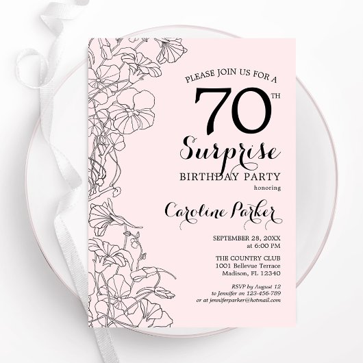 Invitation Blush Pink Floral Surprise 70e fête d'anniversaire